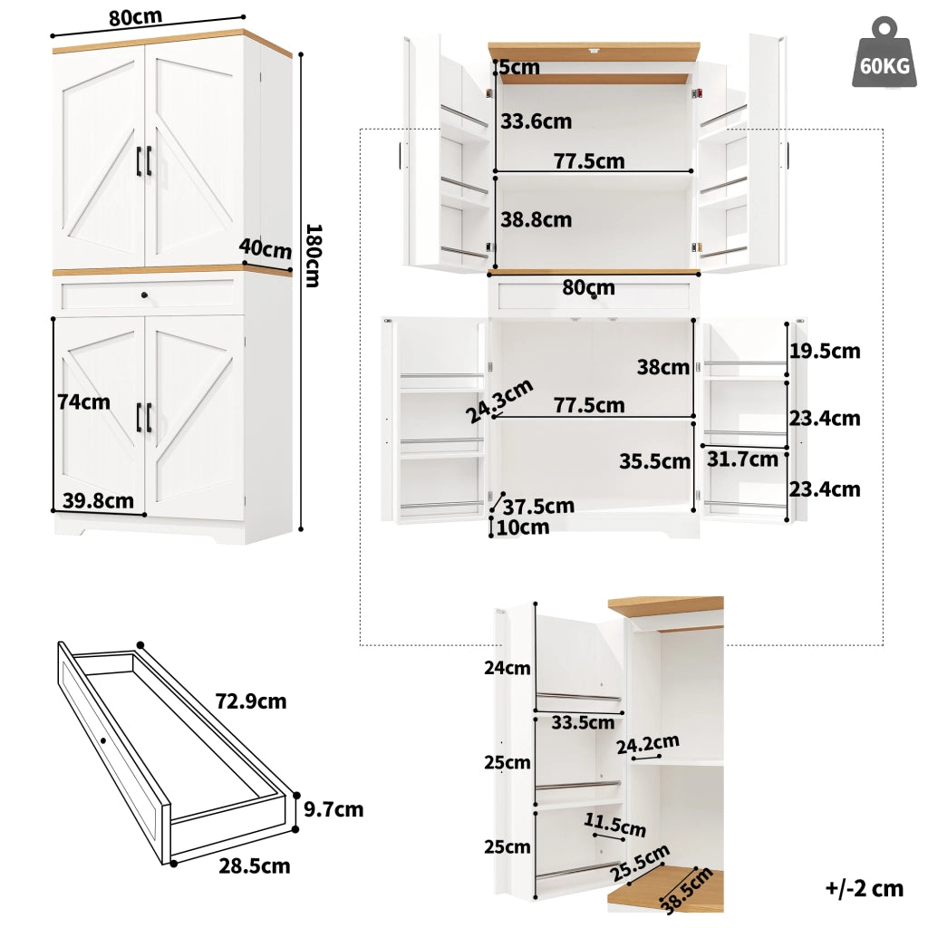 OKWISH Credenza Alta da Cucina con Ripiani Aperti e Cassetti, Sistema Antiribaltamento, MDF, Bianco, 80 x 40 x 180 cm