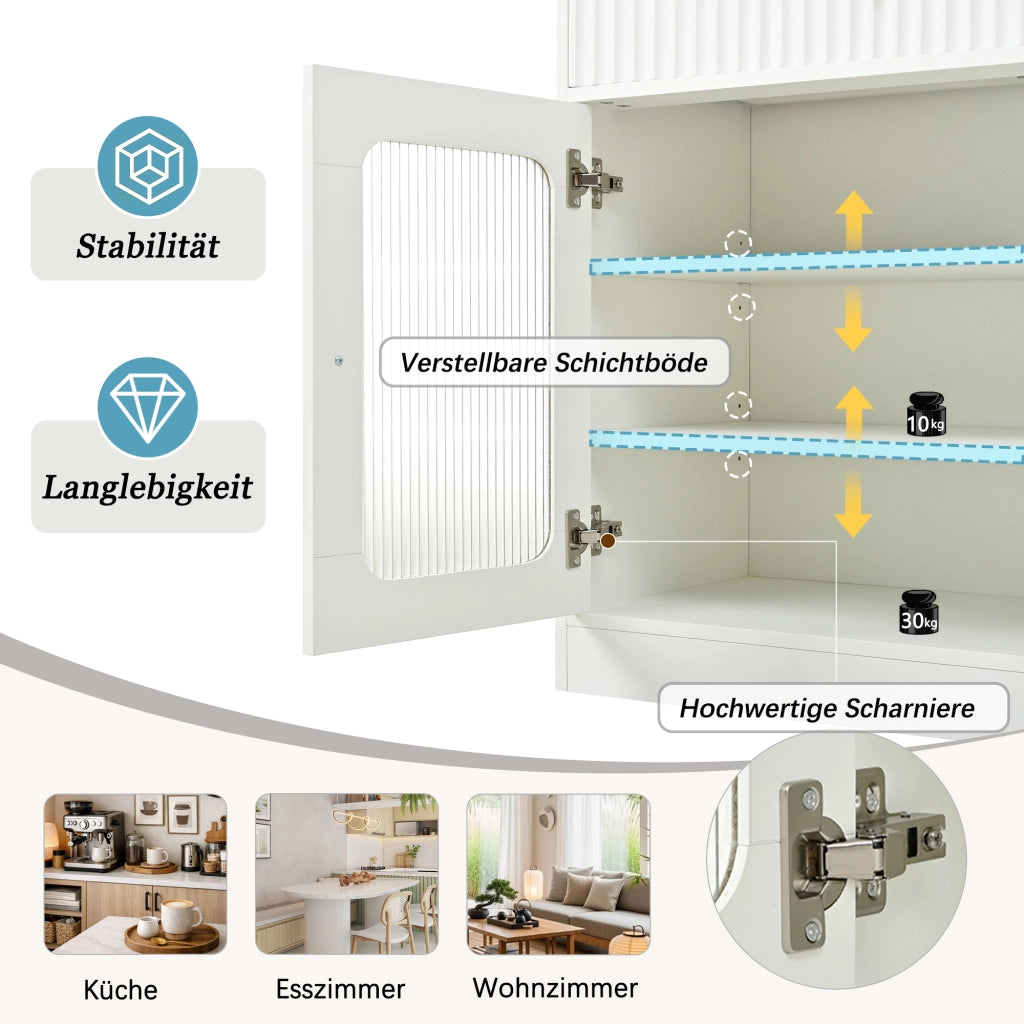 Credenza con cassetto e ripiani regolabili in MDF e pannello truciolare, con LED e vetro rigato bianca 80 × 40 × 180 cm