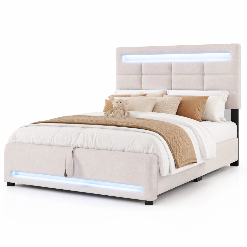 Letto imbottito 90x200 cm con LED APP, USB e contenitore idraulico