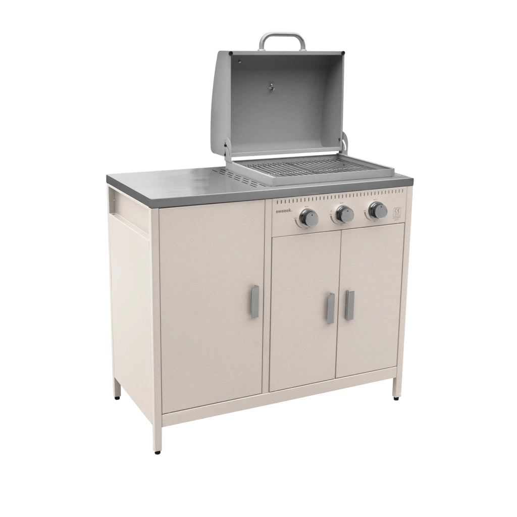Modulo cucina da esterno in metallo con barbecue a gas a 3 bruciatori,