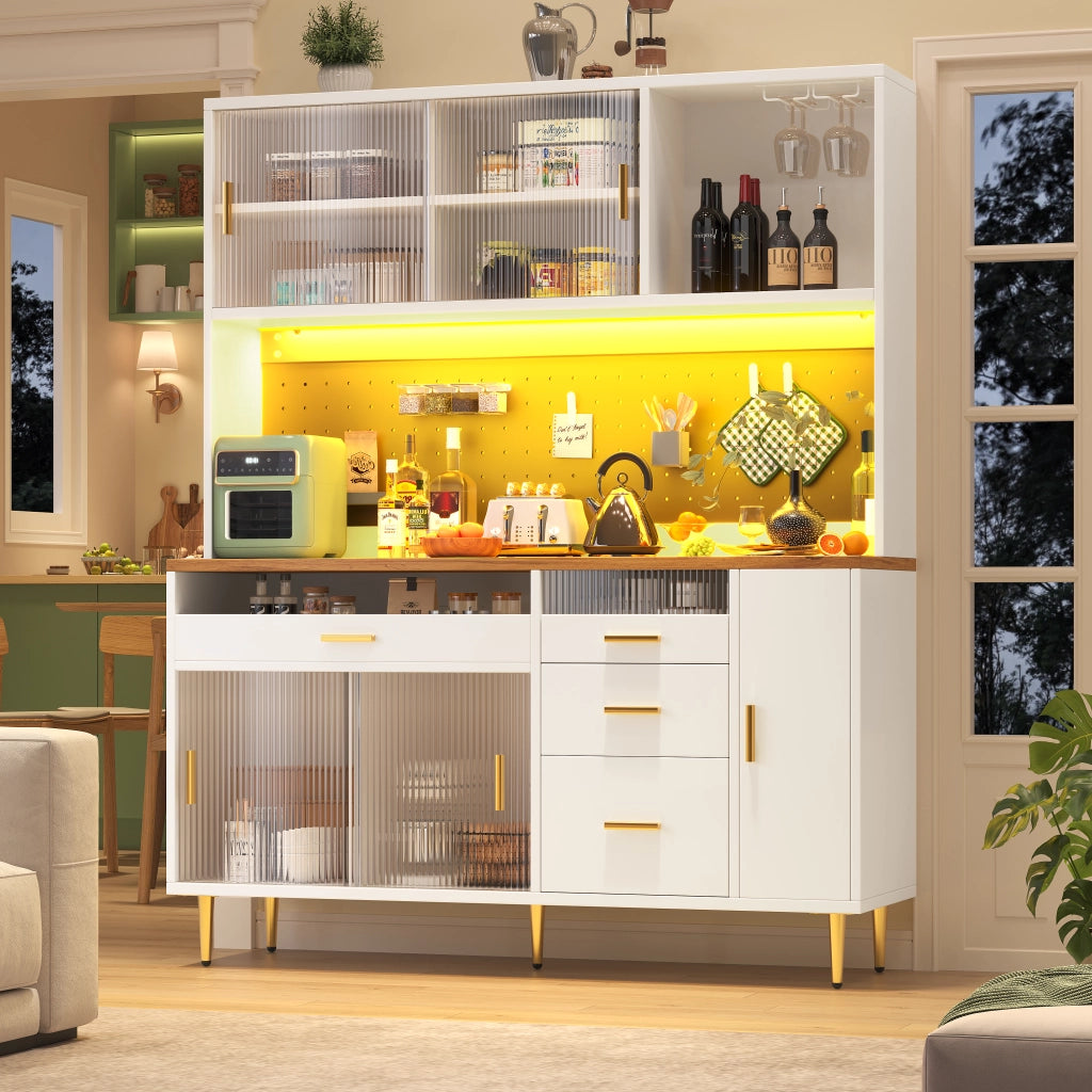 OKWISH Credenza Alta da Cucina con Porta Scorrevole in Vetro, Ripiani Regolabili e LED, MDF, Bianco, 145×39×171 cm