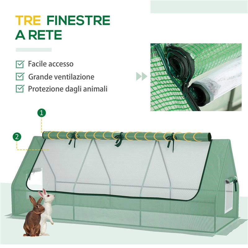 SERRA PICCOLA CON 2 FINESTRELLE LATERALI E FINESTRA CENTRALE IN ACCIAIO PE E PP 240X90X90 CM VERDE