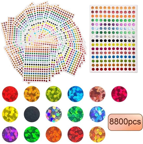 Etichette 8800 Stuks - Punti Circolari Luccicanti - Etichette Ronde - 16 Colori - Carta di Alta Qualità - Ambientalmente Piatto - Adesivi