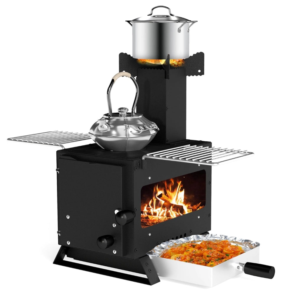 Forno da giardino per cucinare da fornello da campeggio con supporto per pentole, Forno a legna con finestra panoramica Nero