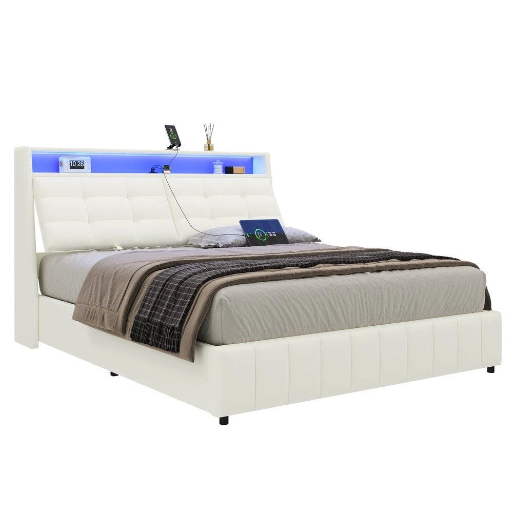 Letto Contenitore Imbottito con LED e USB ¨C MINIMAL ¨C Bianco 160x200