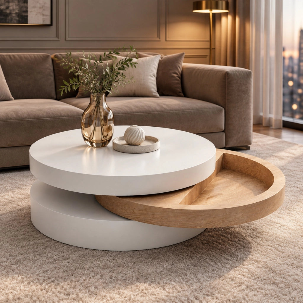 Tavolino da caffè rotondo girevole a 360 gradi con vano contenitore in MDF bianco e colore legno naturale