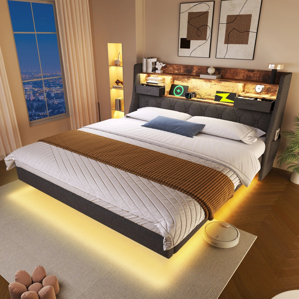 LETTO 160x200 cm in lino grigio con LED e materasso incluso