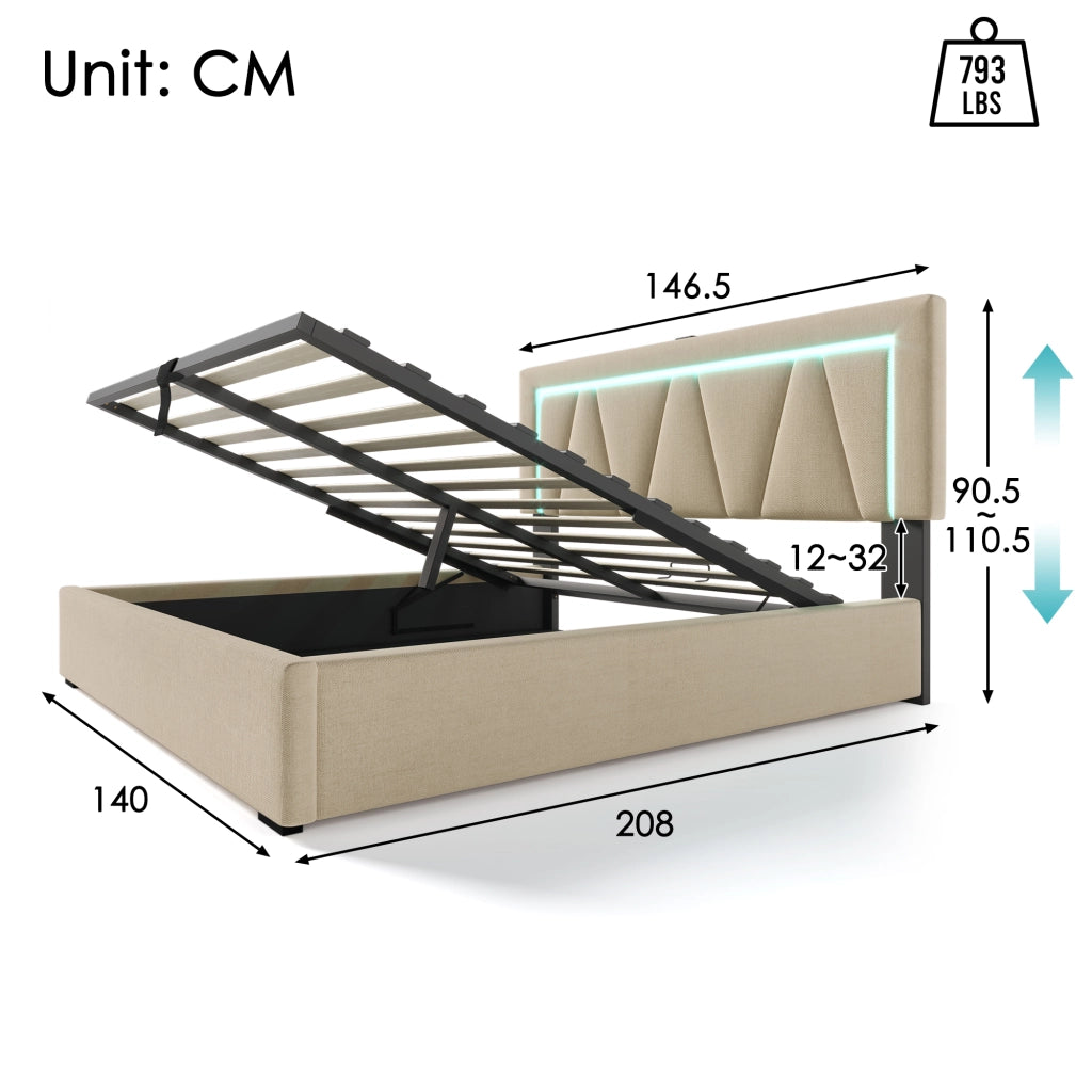LETTO imbottito LED 140x200 cm in lino beige con USB e Type C