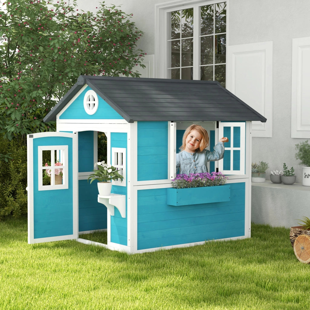 Casetta per bambini in legno ¨C Minimal ¨C Blu, con finestre e vasi