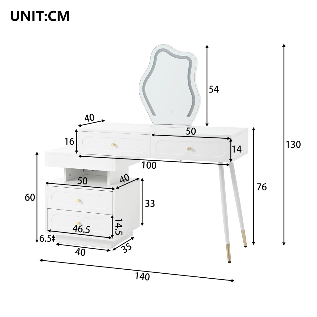 TOELETTA Con specchio LED 140x40x130 cm Bianco con 4 cassetti