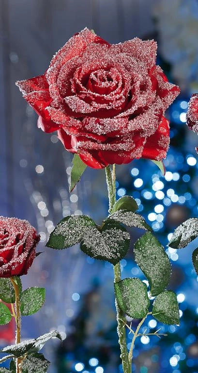 Rosa fiore artificiale natale innevata rossa 84 cm
