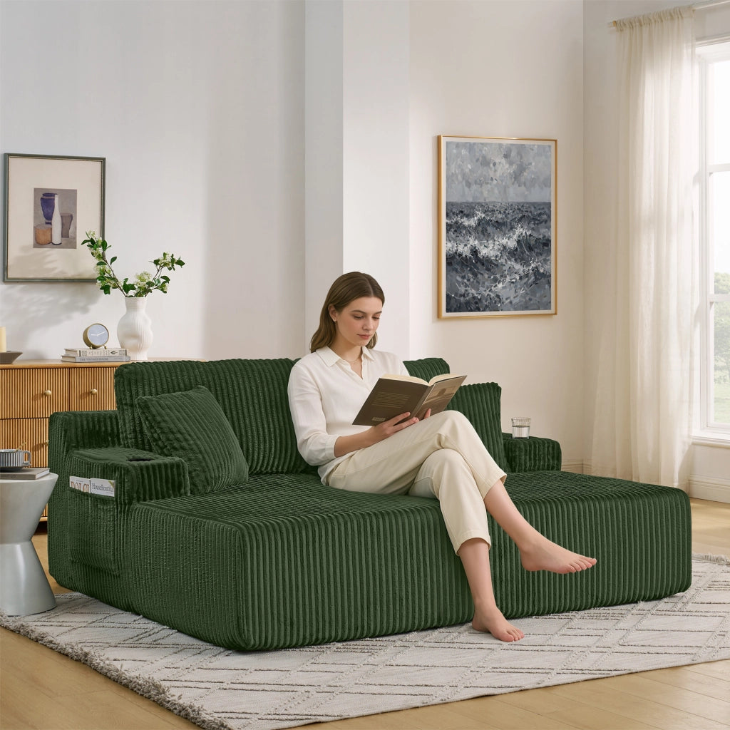 Divano Letto 2 Posti Relax ¨C MINIMAL ¨C Verde, Tessuto a Coste, con Cuscini e Portabicchieri
