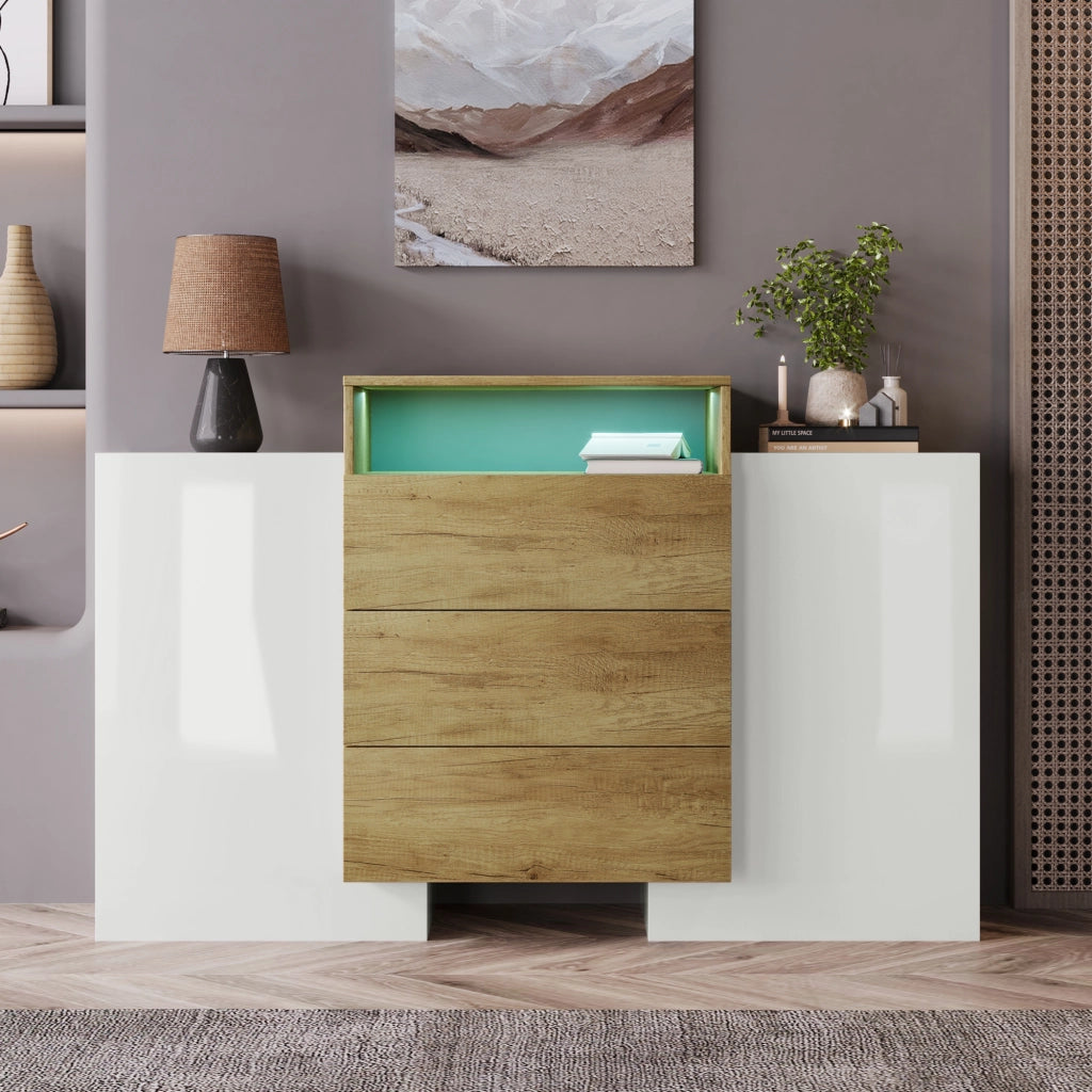 Credenza Moderna con LED ¨C MINIMAL ¨C Bianco Lucido e Legno 140cm
