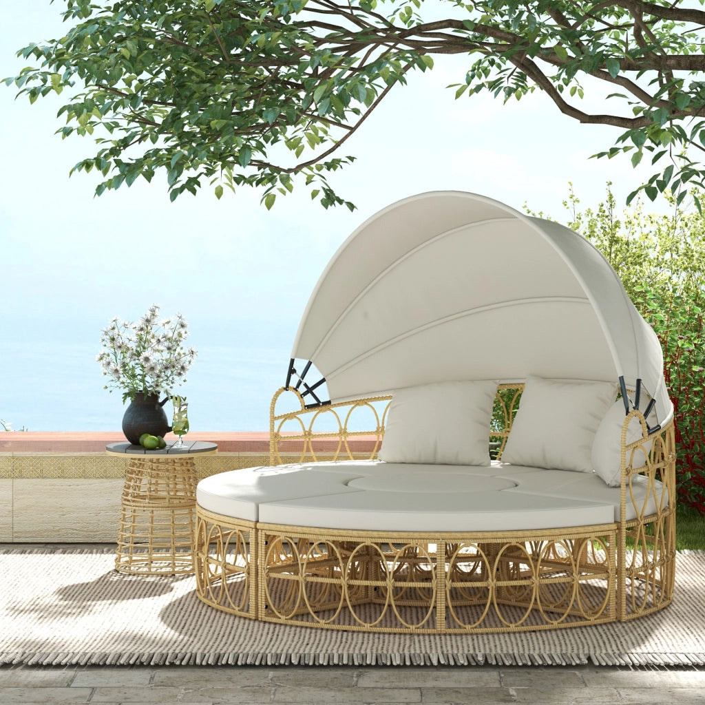 Set di mobili da giardino a conchiglia a due posti con cappuccio pieghevole e tavolino da caff¨¨ crema ideale per giardino e terrazza