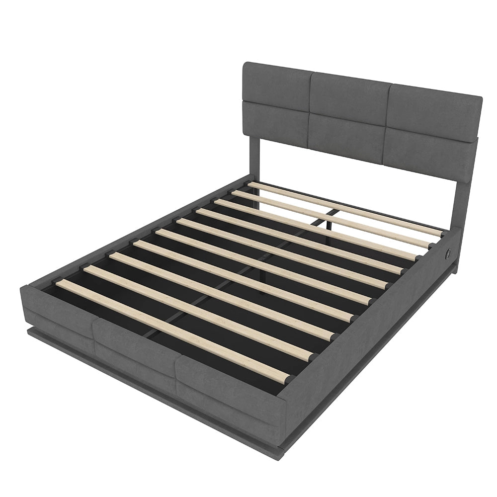 Letto 160x200cm imbottito - Xylo - velluto grigio USB idraulico LED