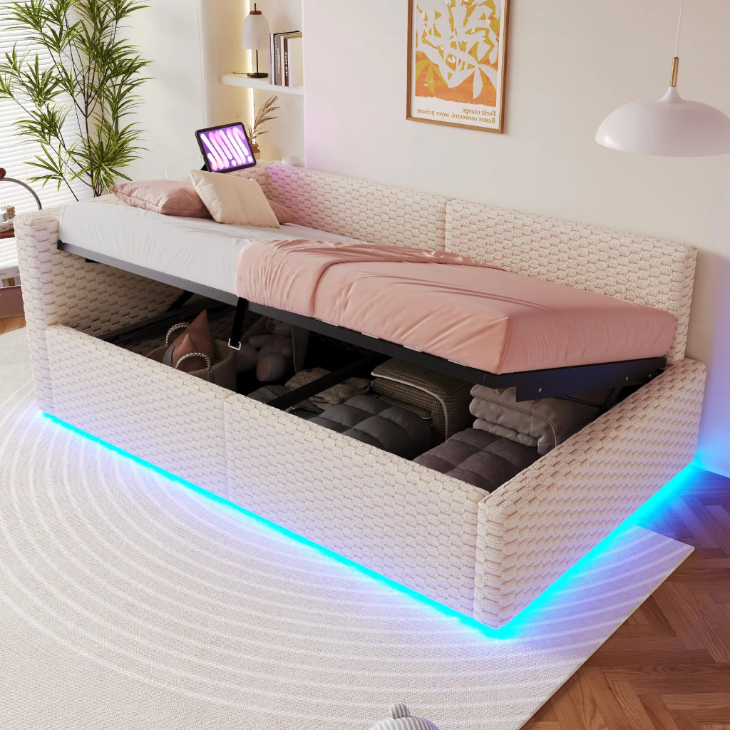 Letto con testata illuminata a led in velluto beige 90x200 cm