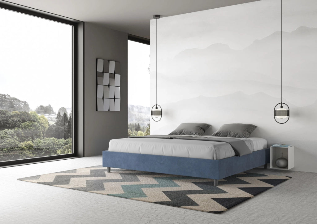 BS COM Letto matrimoniale king size con rete imbottito 200x200 microfibra blu