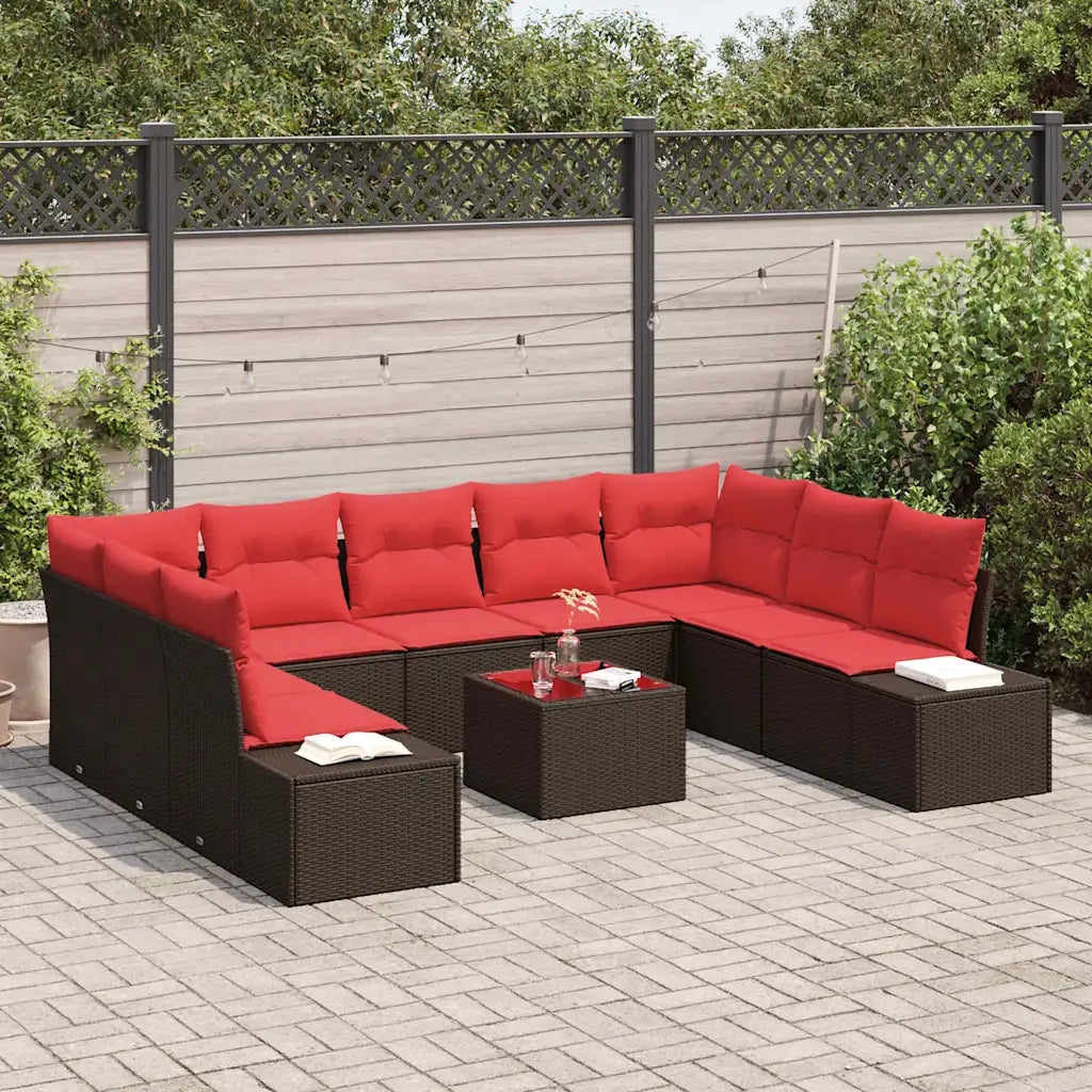 Set Divano da Giardino 9 pz 8-Numero di posti Marrone e Rosso 3355903