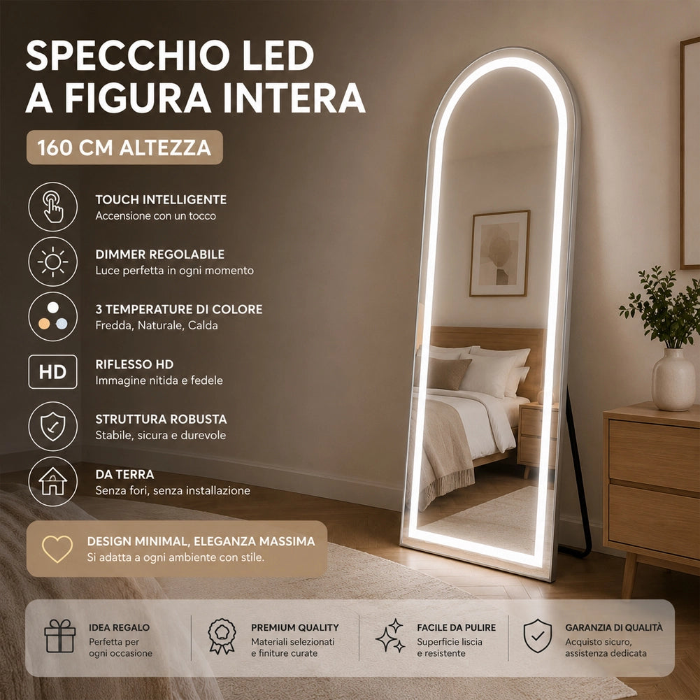 Specchio ad Arco Figura Intera Alluminio e Led a 3 Colori Dimmerabile 160x50cm