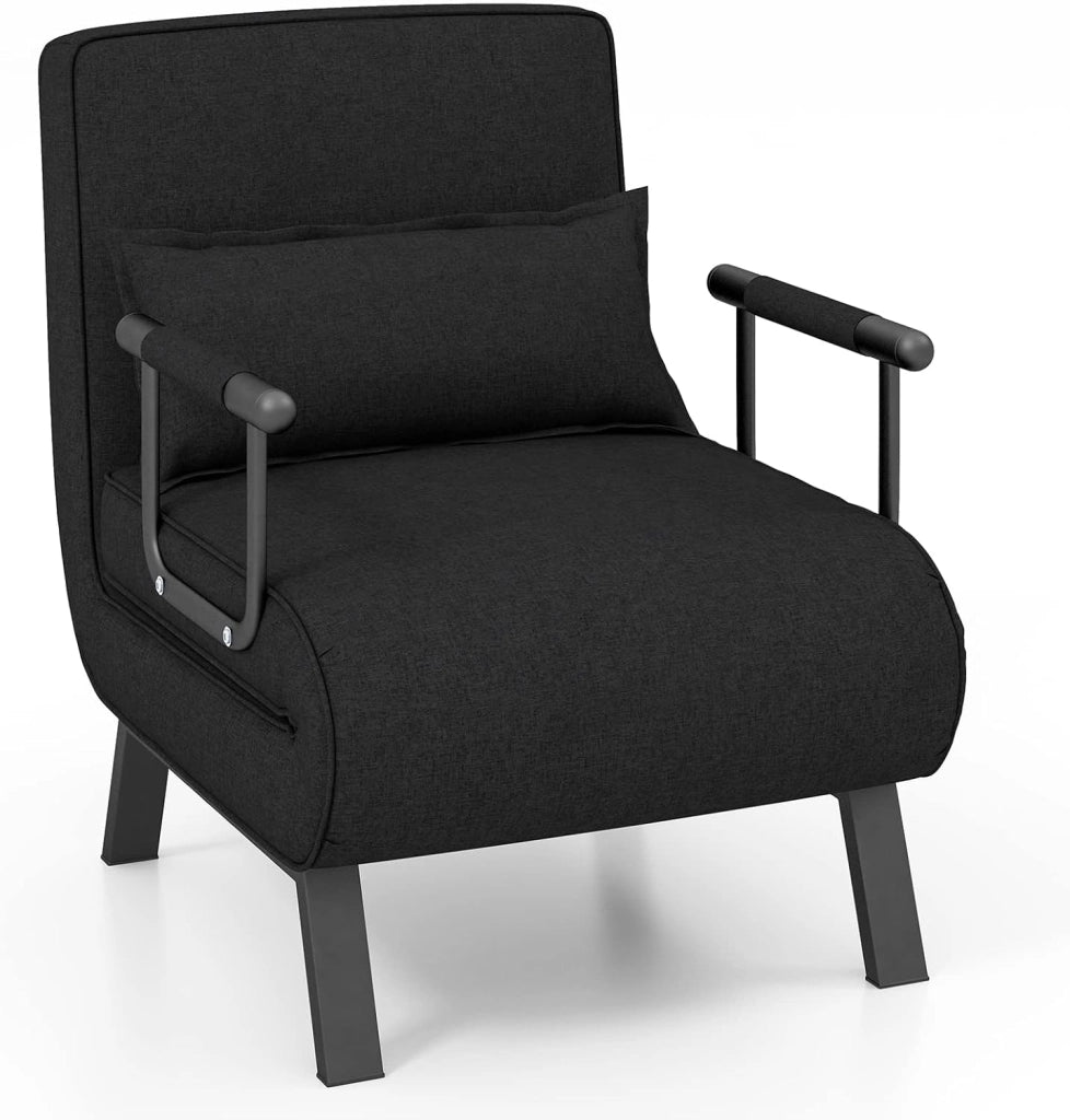 4 in 1 Poltrona Letto Singolo, Poltroncina Pieghevole con Schienale Regolabile in 6 Posizioni, Sedile Imbottito Robusto, Divano Letto per Casa Ufficio, 79x65x79 cm (Nero)