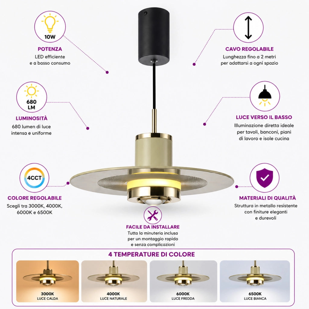 LAMPADARIO LED SOSPENSIONE MODERNO SILVER DESIGN 10W DIMMERABILE CCT LP024