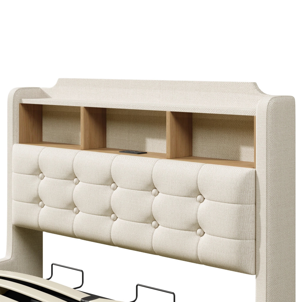 Letto imbottito 140x200 cm con LED, vano contenitore idraulico, USB e Type-C, beige