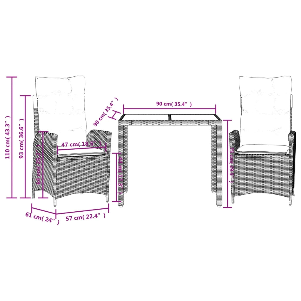 Set da Pranzo da Giardino 3 pz con Cuscini Nero in Polyrattan 3213058