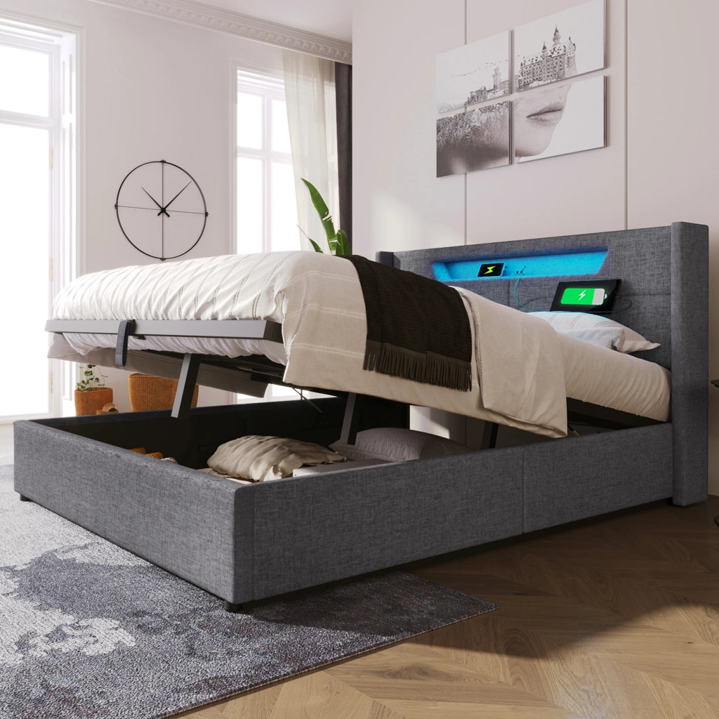 LETTO MATRIMONIALE 140x200 cm Grigio in Lino con LED e presa USB Type C