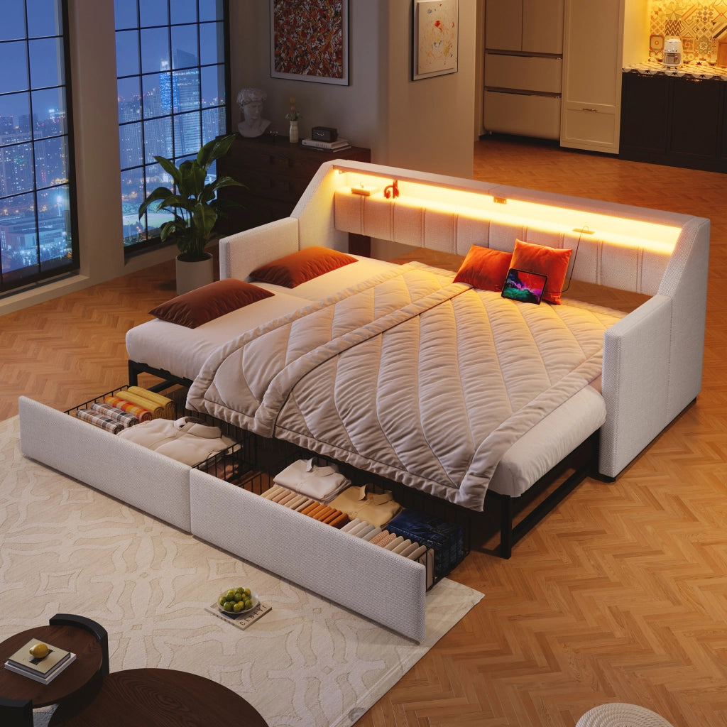 LETTO Estraibile 90x200 cm Beige in lino e MDF con USB e Type-C