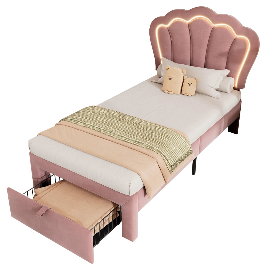 Letto Singolo Imbottito con Cassetti e LED ¨C MINIMAL ¨C Velluto Rosa 90x200
