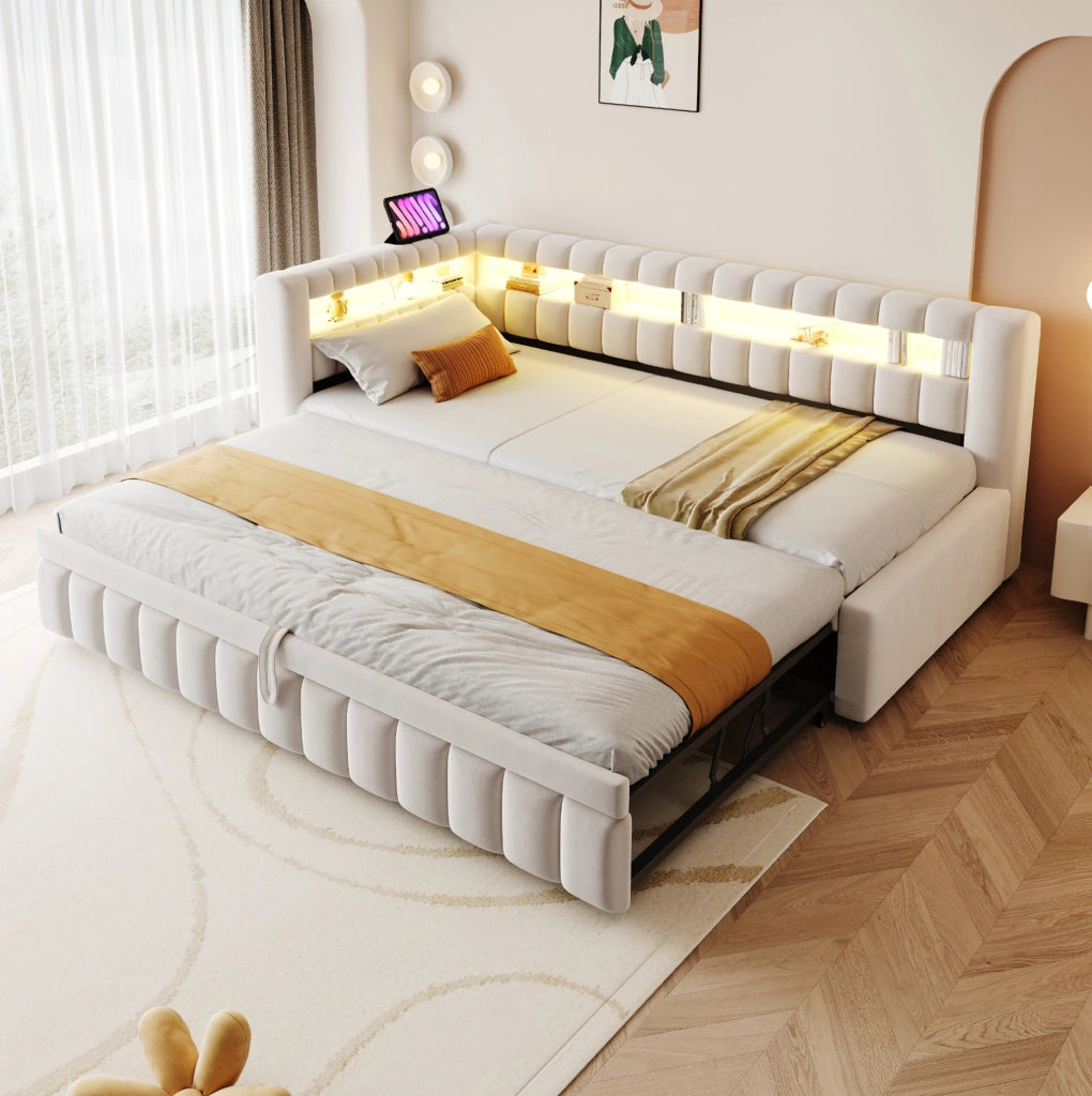 Divano letto imbottito con letto estraibile; LED; USB e Type-C; 90x200 cm; velluto beige