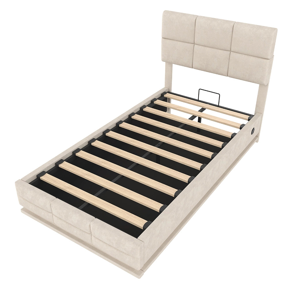 Letto 90x200cm imbottito - Xylo - velluto beige USB idraulico LED