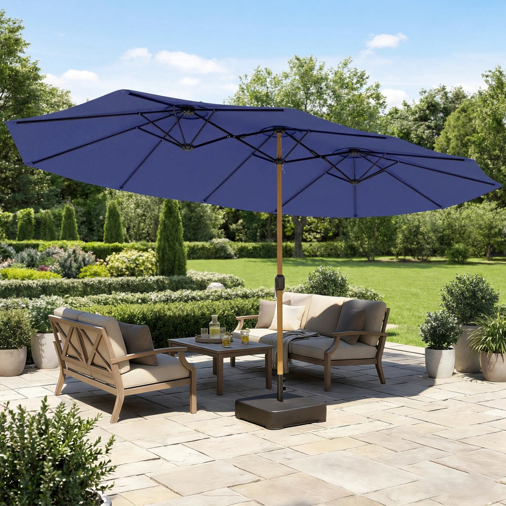 Ombrellone Doppio 467x281x238 cm a 12 Stecche con Manovella Base a Croce e Sacchi di Sabbia Blu Scuro