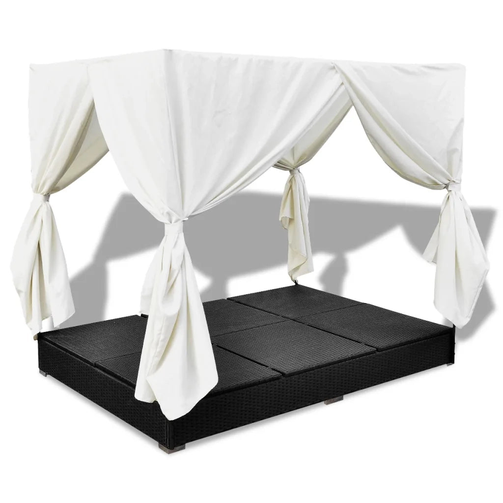 Lettino Prendisole con Tende in Polyrattan Nero 42948