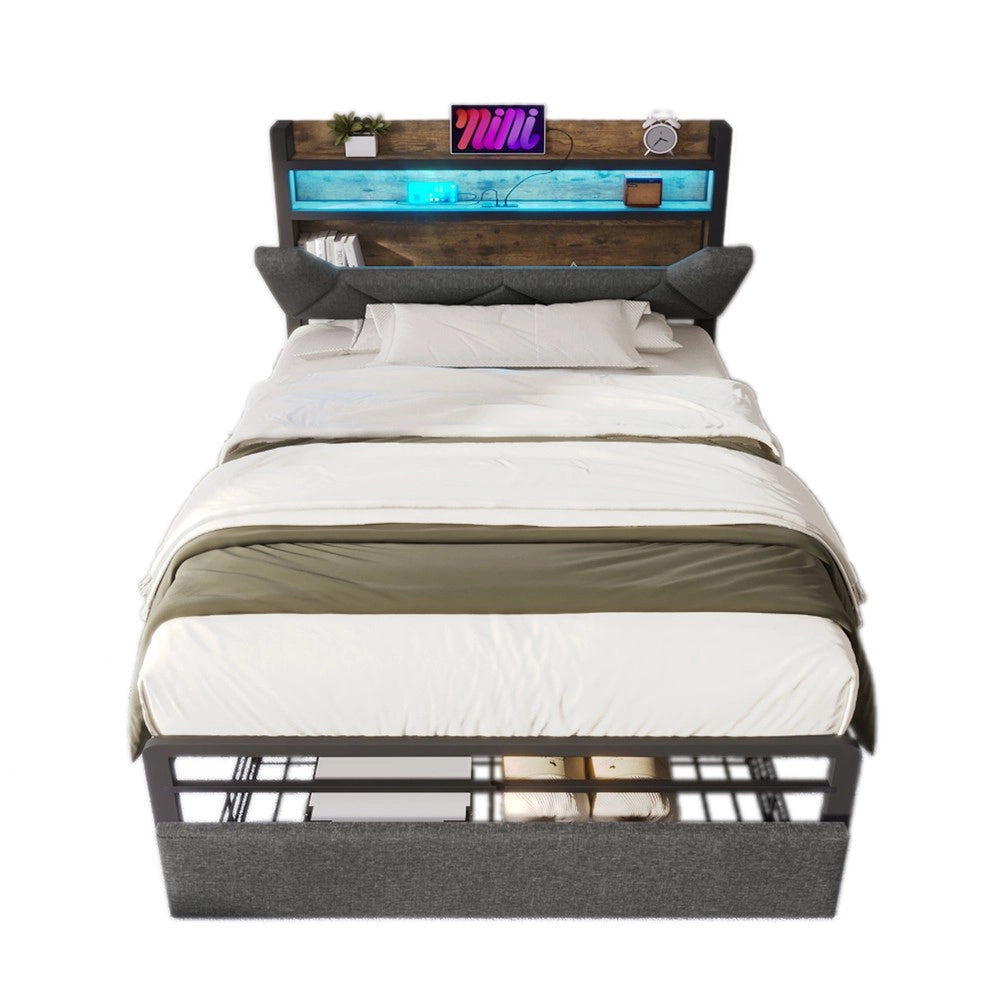 Letto Singolo Imbottito con Contenitore, LED e Cassetti ¨C MINIMAL ¨C Grigio 90x200