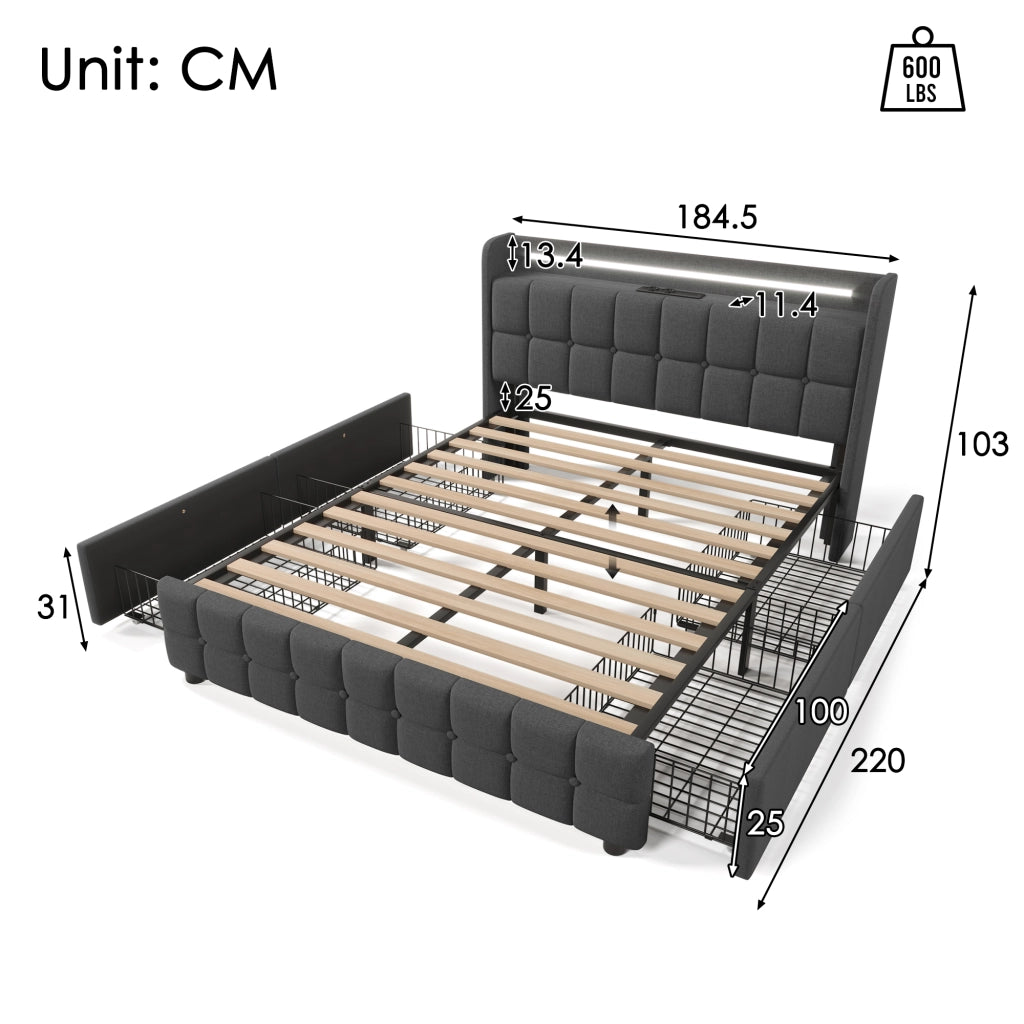 LETTO imbottito 180x200 cm grigio con USB, prese, LED e 4 cassetti