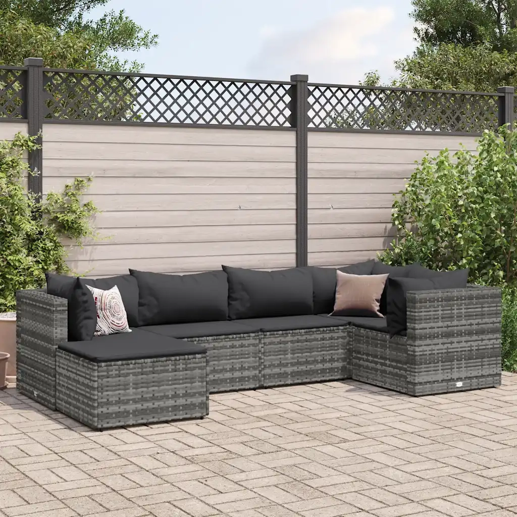 Set Divani da Giardino 6 pz con Cuscini in Polyrattan Grigio