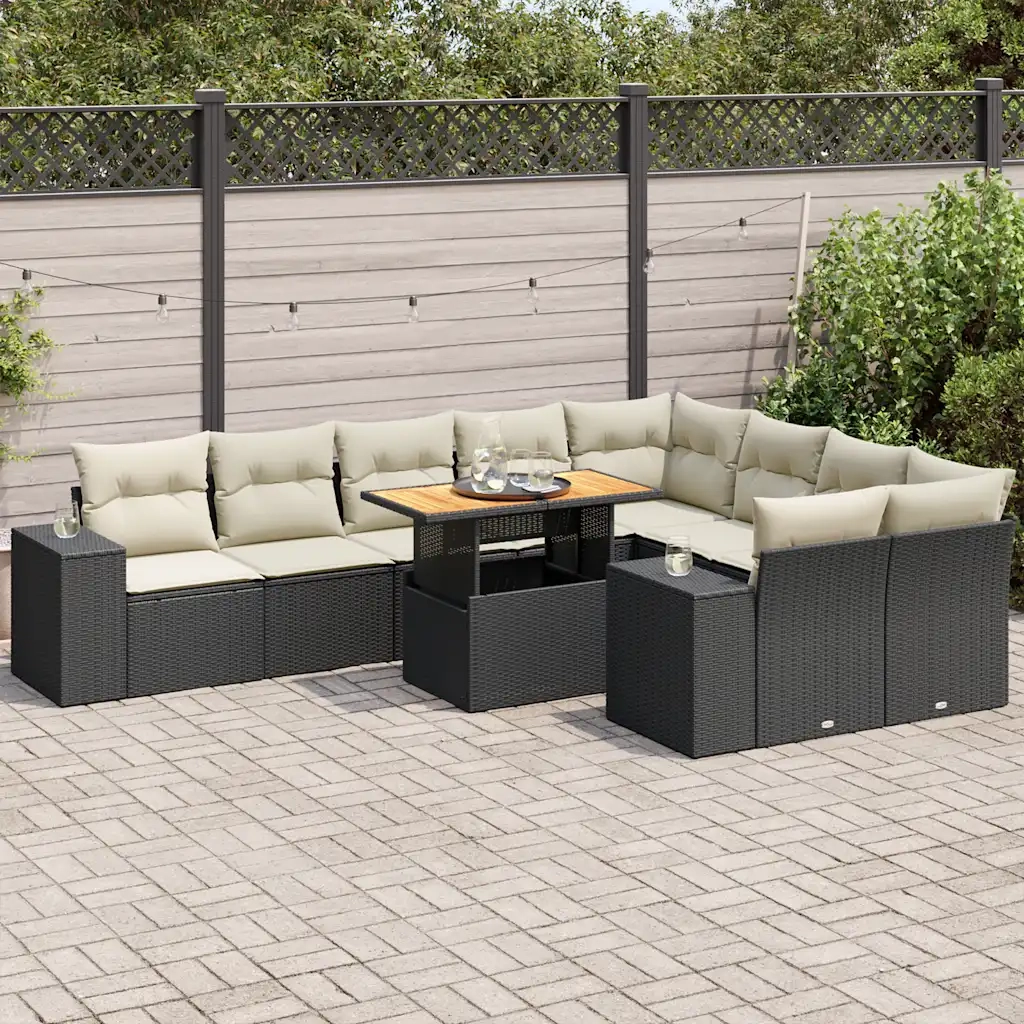 Set Divani Giardino 10pz con Cuscini Nero in Polyrattan Acacia 3327416