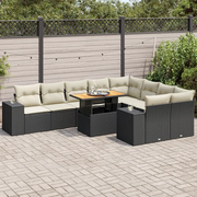 Set Divani Giardino 10pz con Cuscini Nero in Polyrattan Acacia 3327416