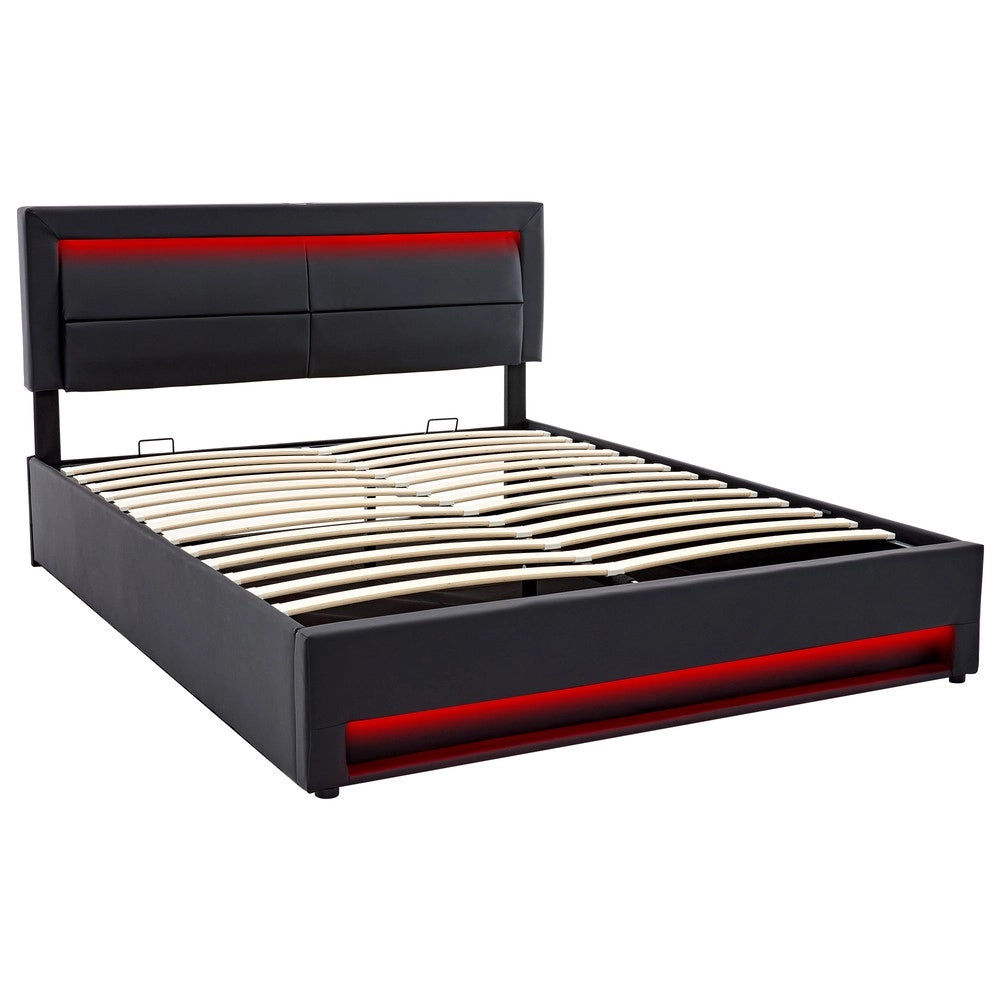 Letto Imbottito con LED e Contenitore ¨C MINIMAL ¨C 140x200, USB, Similpelle Nera