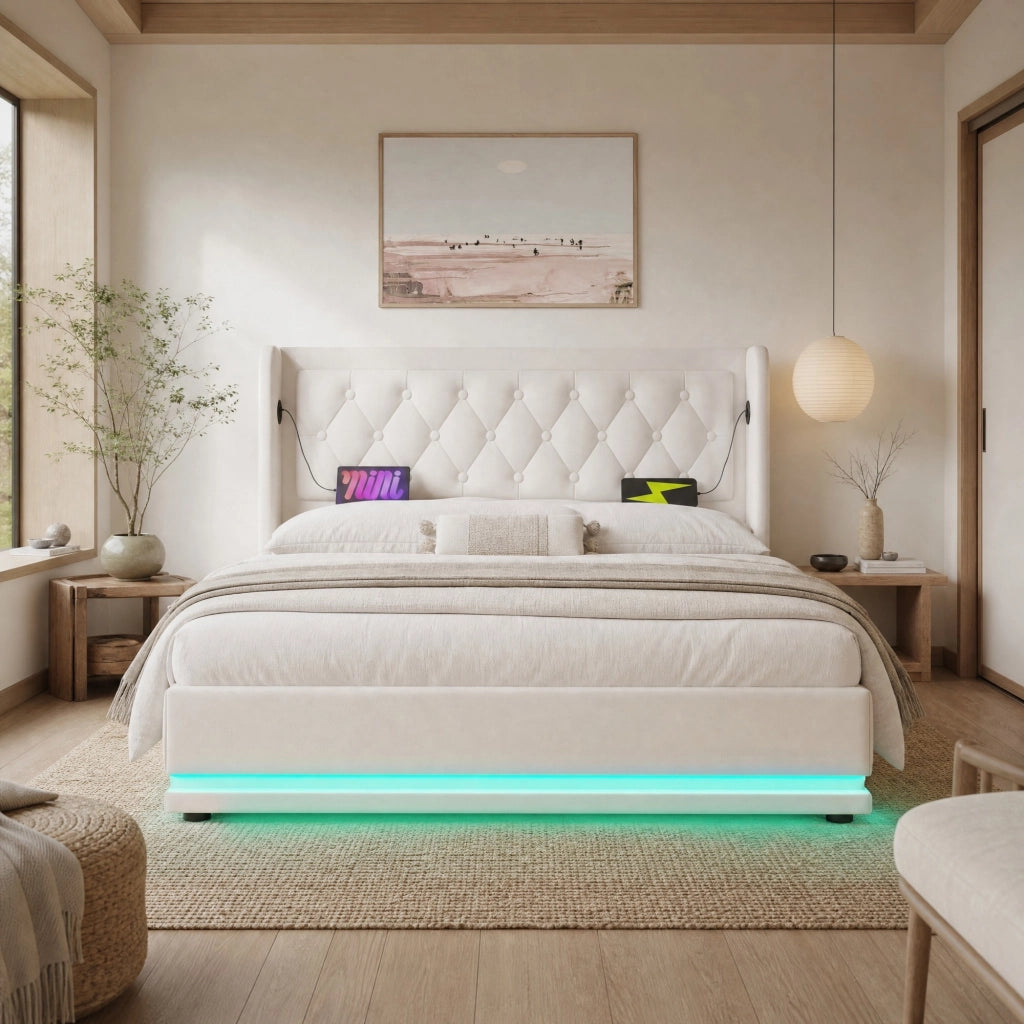 LETTO CONTENITORE 140x200 cm PU Bianco con USB, Type-C e LED a 3 lati