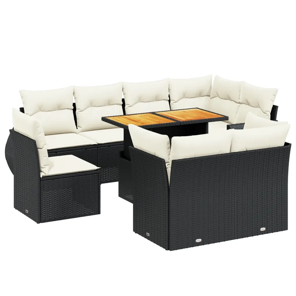 Set Divani da Giardino 9 pz con Cuscini Nero in Polyrattan 3272288