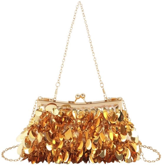 Borsa a Mano con Sequin, Portafoglio con 2 Catene, Orecchiamento d'Oro