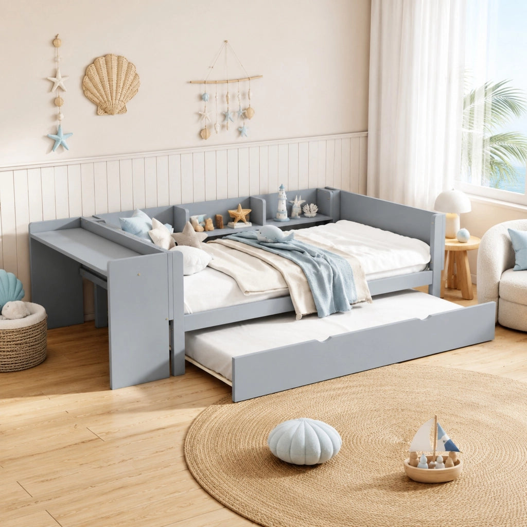 Letto singolo 90x200 cm in pino e MDF con letto estraibile, scrivania e 3 ripiani laterali, grigio