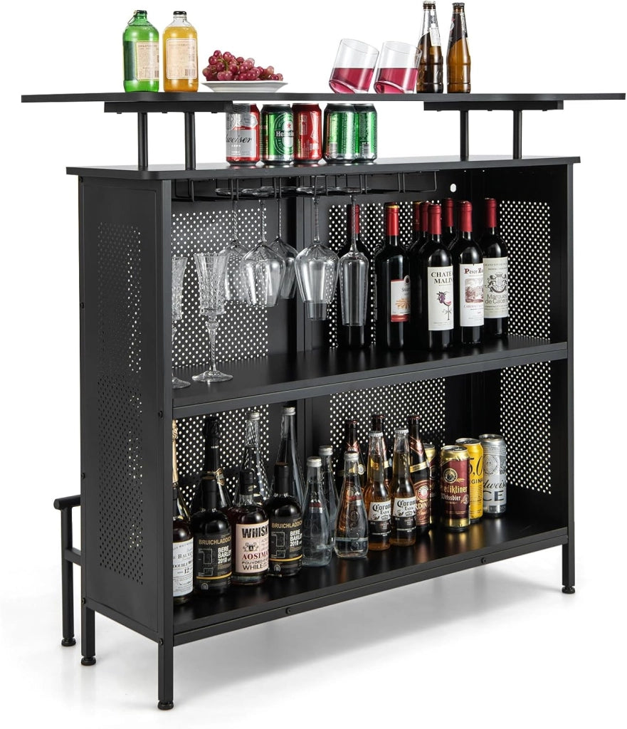 Mobile Portabottiglie a 5 Livelli a 4 Livelli, Portabottiglie per Vino da Terra con 2 Ripiani Porta Vini e Porta Calici, per Cantine, Sala da pranzo, Cucina