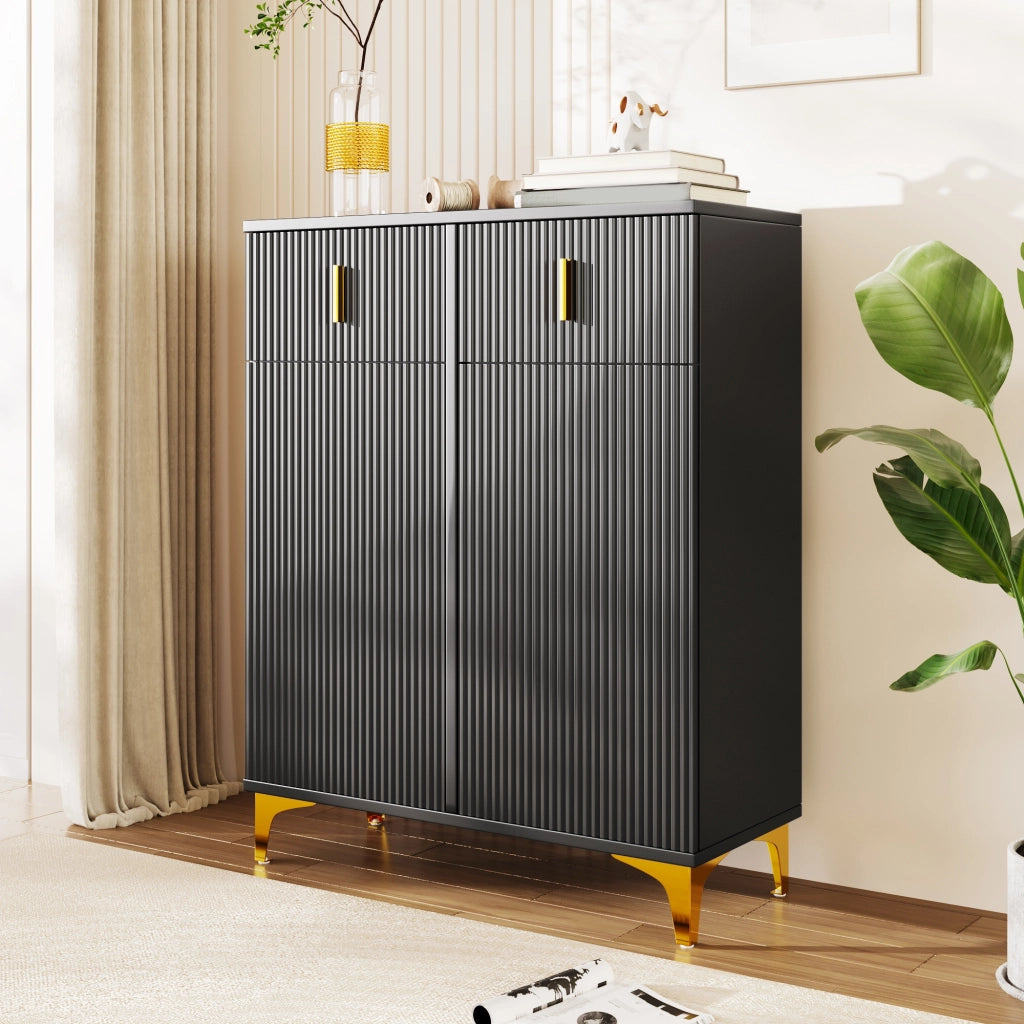 Credenza elegante nera con 2 cassetti, 2 ante e ripiani regolabili