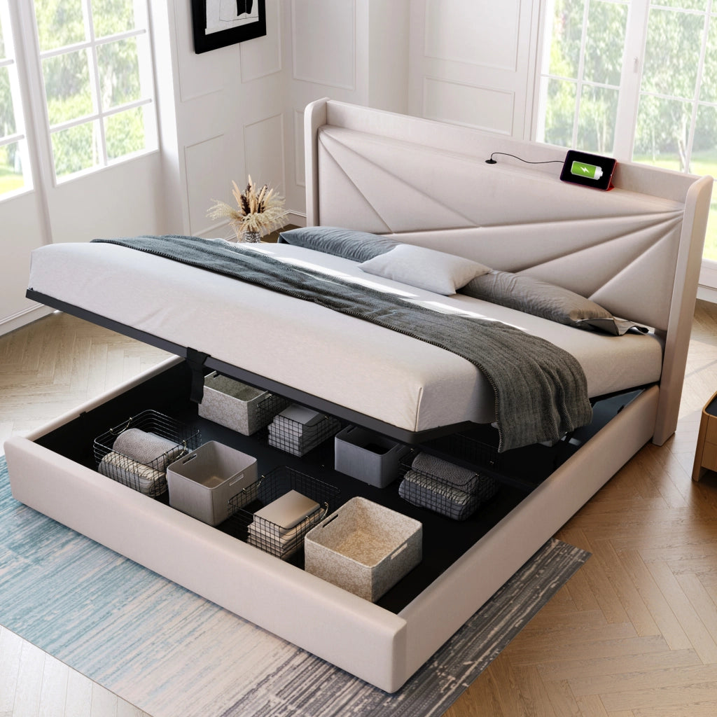 LETTO Contenitore 140x200 cm con USB e USB-C Testiera Geometrica Beige