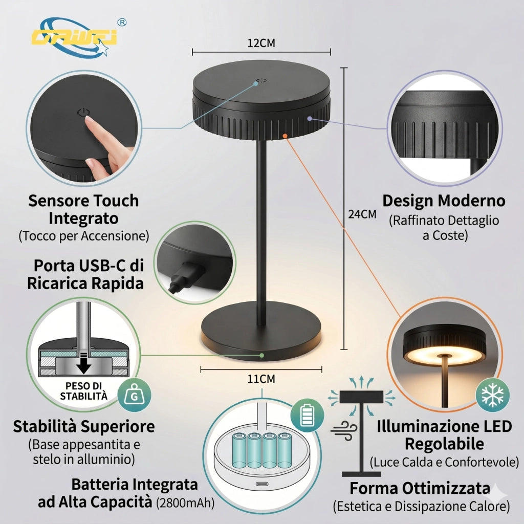 LAMPADA DA TAVOLO LED RICARICABILE TOUCH USB 2000MAH DESIGN MODERNO NERO LPT146