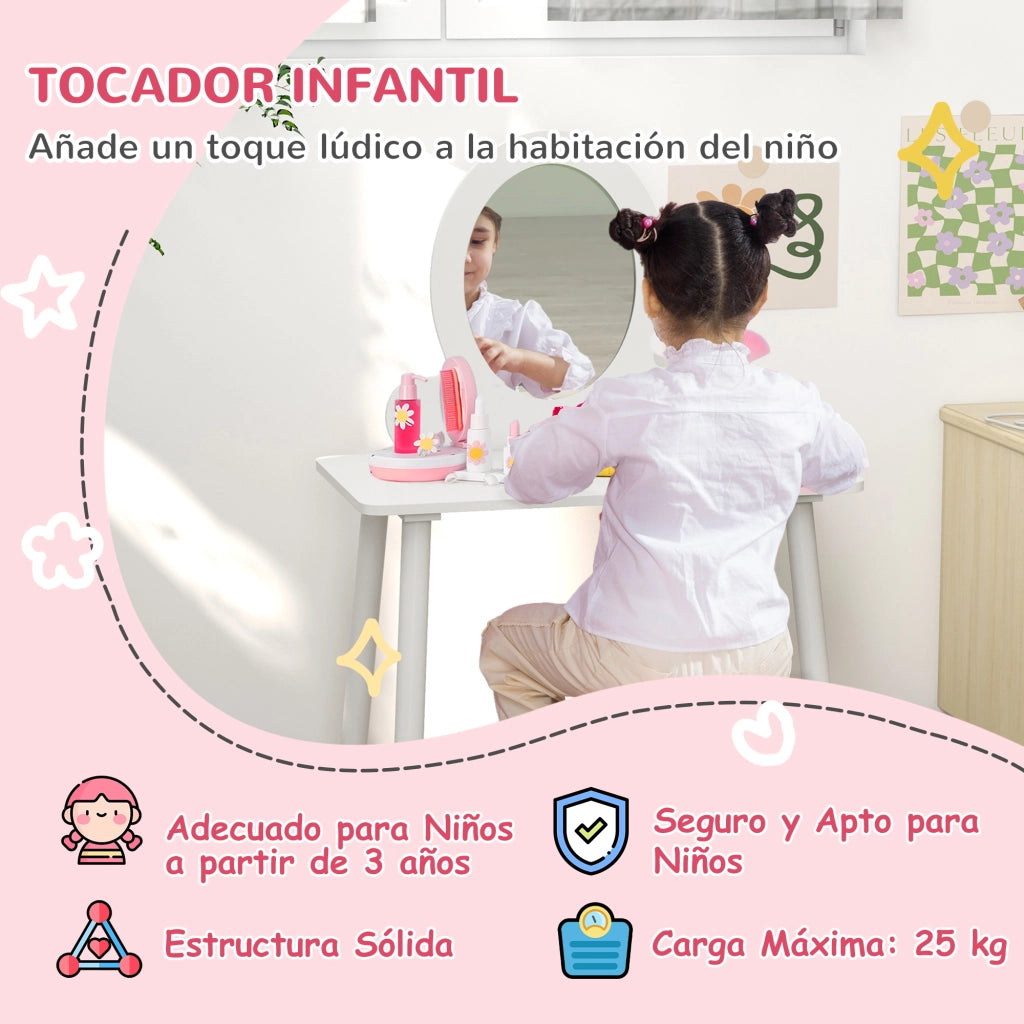 Tocador per bambini con specchio e sgabello ¨C zephmum ¨C Bianco