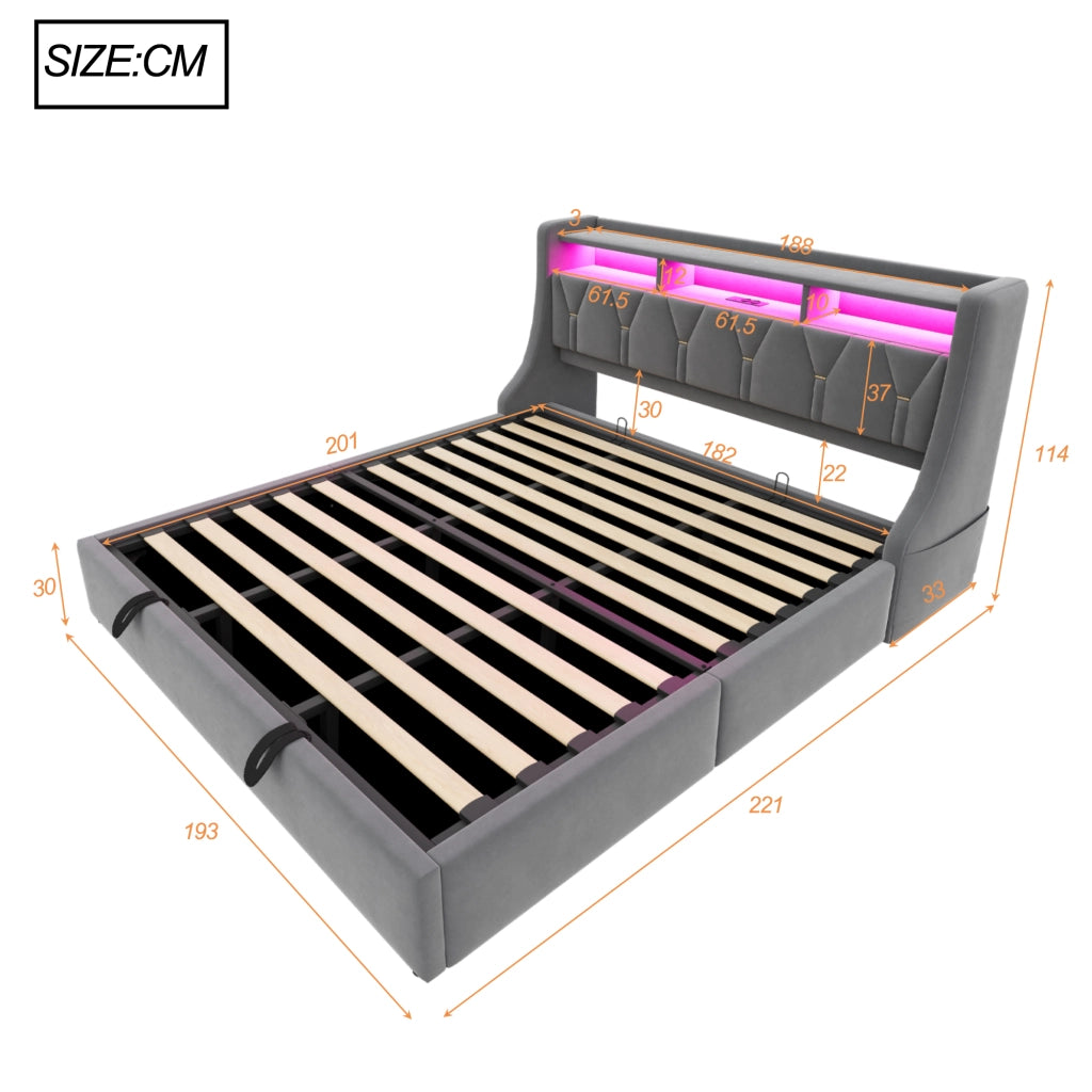 DESMIU Letto Matrimoniale 180 × 200 cm con Contenitore idraulico, USB, Type-C, LED, senza materasso, in velluto, grigio